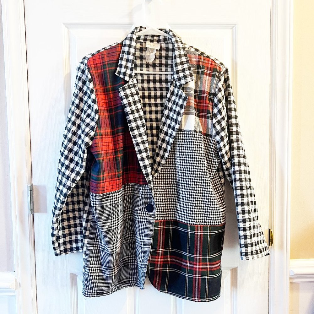 Vintage 80s/90s Bobbie Brooks Black Red Plaid Houndstooth Blazer Jacket | Size L